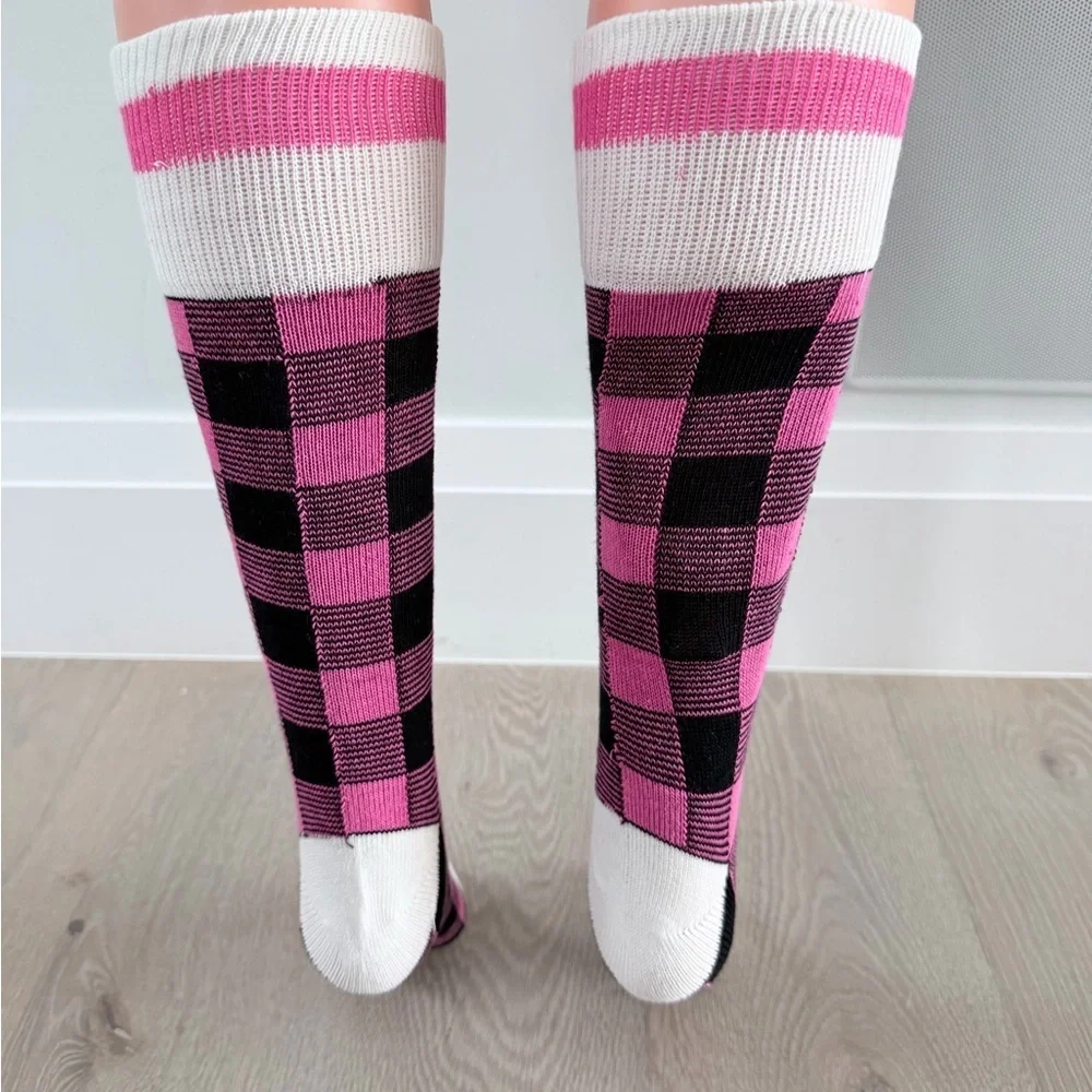 New Wool Pink and Black Checkered Knee-High Socks